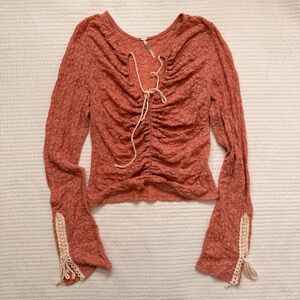 Free People Lace Ruched Long-Sleeve Top with Tie Detail
